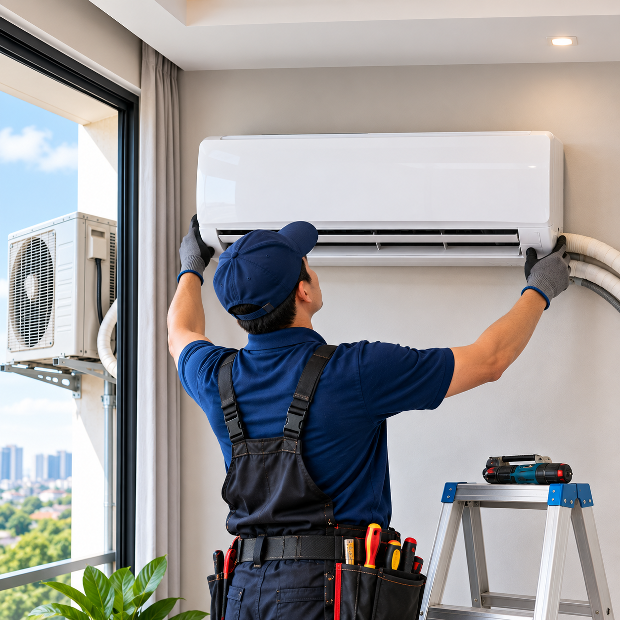 Technician installing wall mounted split air conditioner